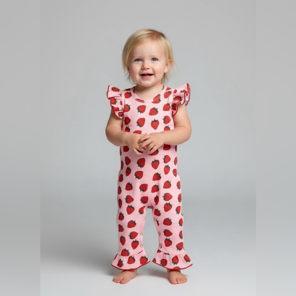 NEW Strawberry Romper Ruffle Sleeve Summer Outfit Baby Girl 6-9Months